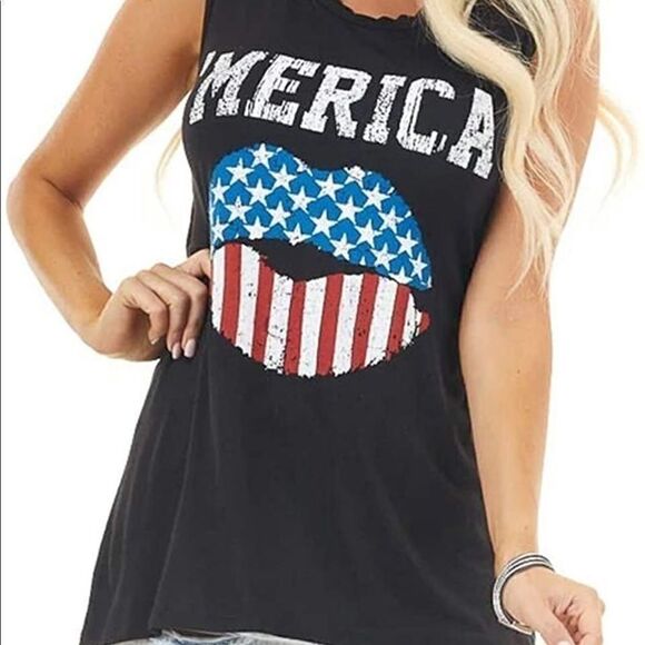 Merica Tank Top With Flag Lip Red Blue Print - Picture 2 of 6
